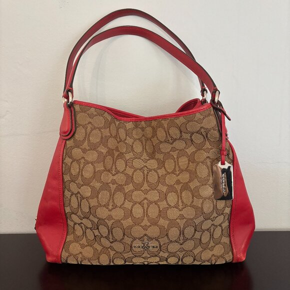 Coach Red Leather Brown Signature Jacquard Edie Shoulder Bag 31 - Picture 1 of 13